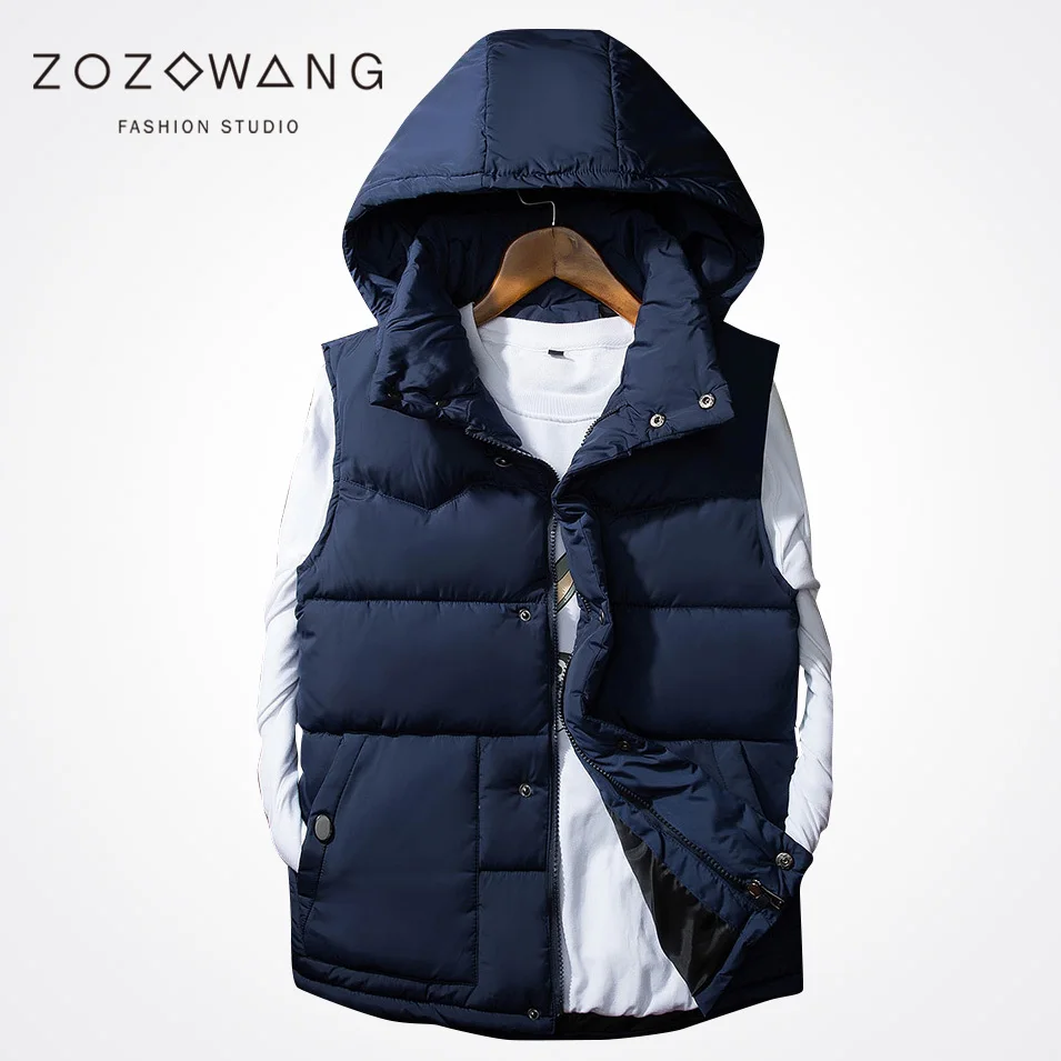 Zozowang new 2017 solid hooded short casual winter vest jacket men fashion zipper pocket  loose winter waistcoat men black 