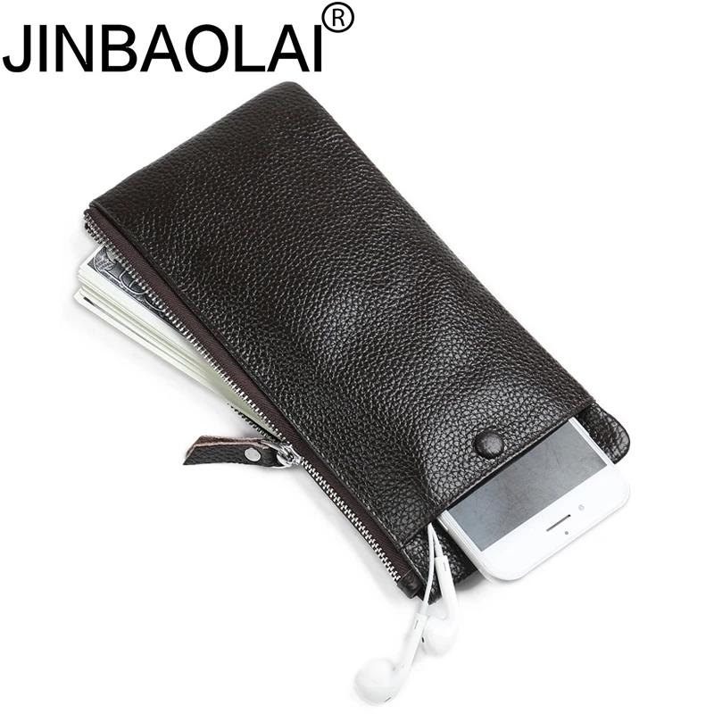 

JINBAOLAI New Slim Genuine Leather Wallets Male Handbag Simple Hand Coin Purse Mobile Phone Pocket for Men