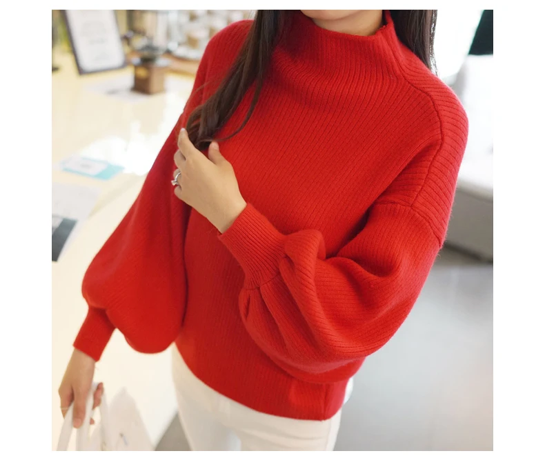 Весна Осень корейский женский свитер с высоким воротником Свободный летучая мышь-фонарь рукав сплошной цвет пуловер свитер Q1253