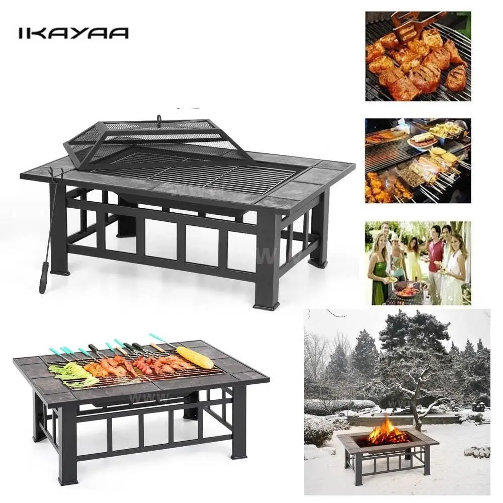 

iKayaa Metal Garden Backyard Fire Pit Patio Rectangular Firepit Stove Brazier Outdoor Fireplace Fire pit Cover Poker+BBQ Grill