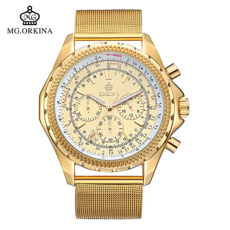 2016 Orkina Slim Stainless Steel Mesh Band 6 Hands Chronograph Round Blue Dial Gentleman Business Analog