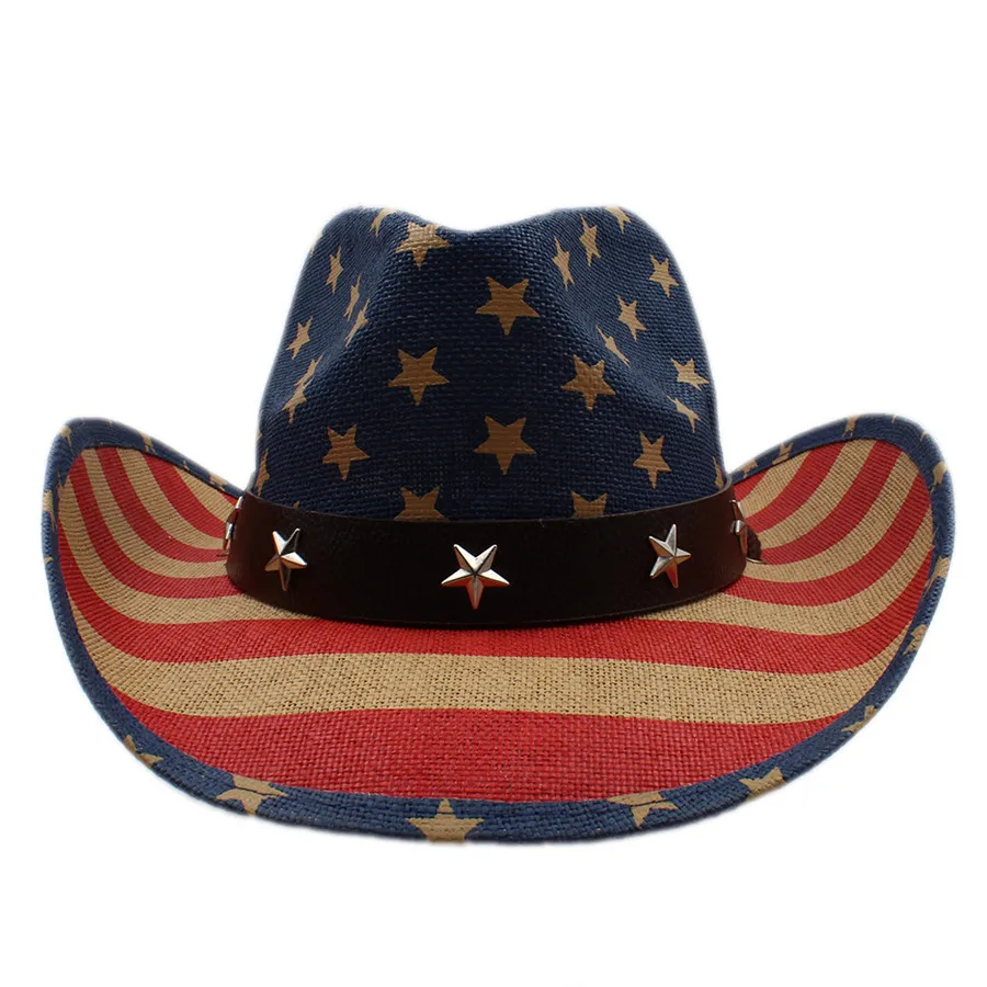 Летняя соломенная шляпа Для женщин Для мужчин полые западная ковбойская шляпа отца, матери, дочери и сына сомбреро джаз шляпа с американским флагом