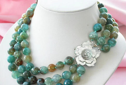

HOT SELL - HOT3022 3row 12mm round faceted GREEN stone necklace SHELL CLASP -Top quality free shipping