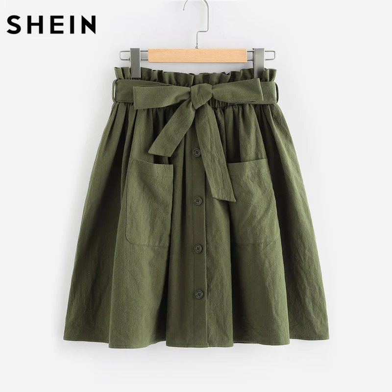 Buy SHEIN Frill Waist Pocket Front Buttoned Skirt