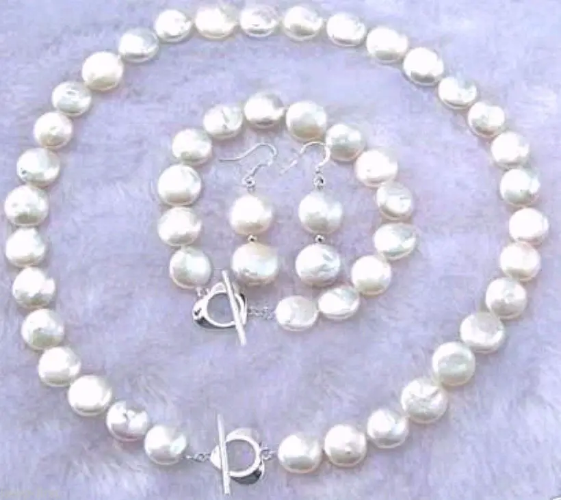 

Hot sale new Style >>>>NEW 12-14MM WHITE COIN PEARL NECKLACE +BRACELET + EARRING JEWELRY SET