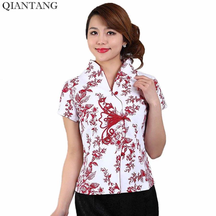 Hot Sale Red Traditional Chinese Blouse Women Cotton Shirt Top V Neck Short Sleeves Clothing ...