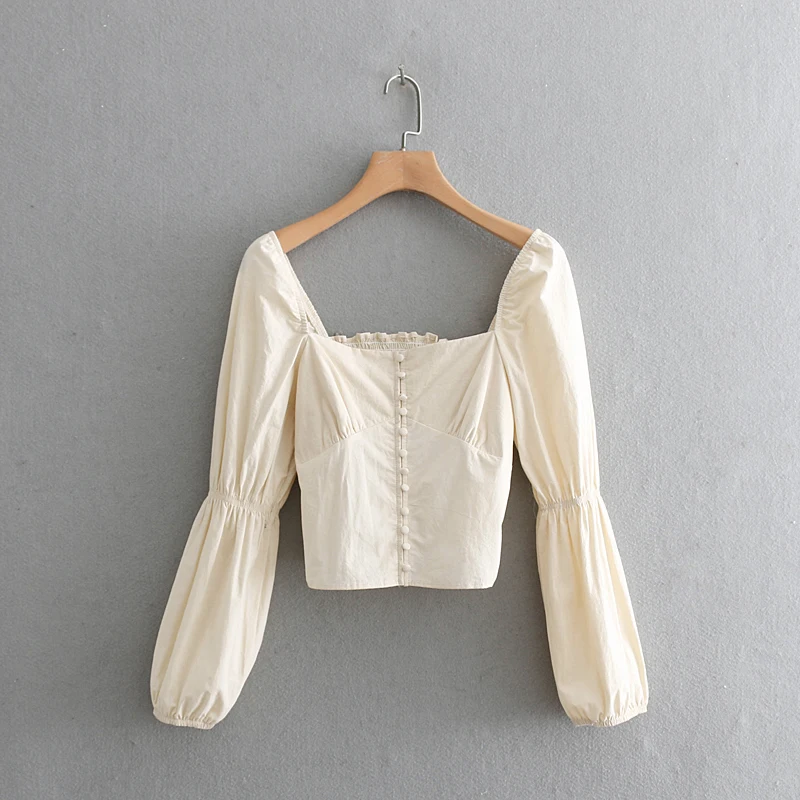 

2019 women court style square collar casual short blouse shirt women retro puff sleeve elastic chic chemise blusas tops
