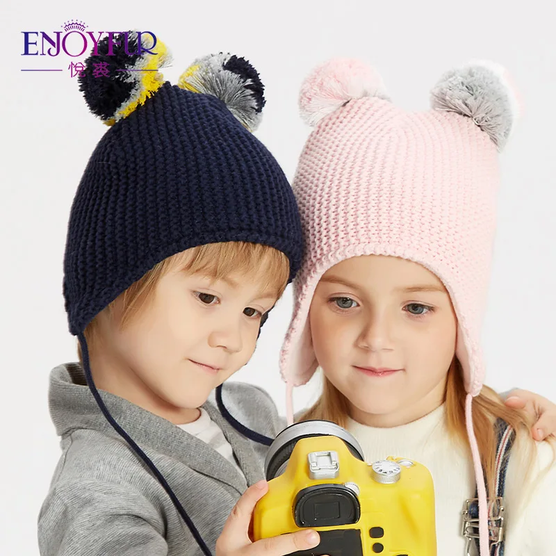 

ENJOYFUR Winter Children Hats For Boys Girls Caps With Fox Fur Pom Pom Hats For Baby Warm Lining Ears Protect Kids Hat Beanies