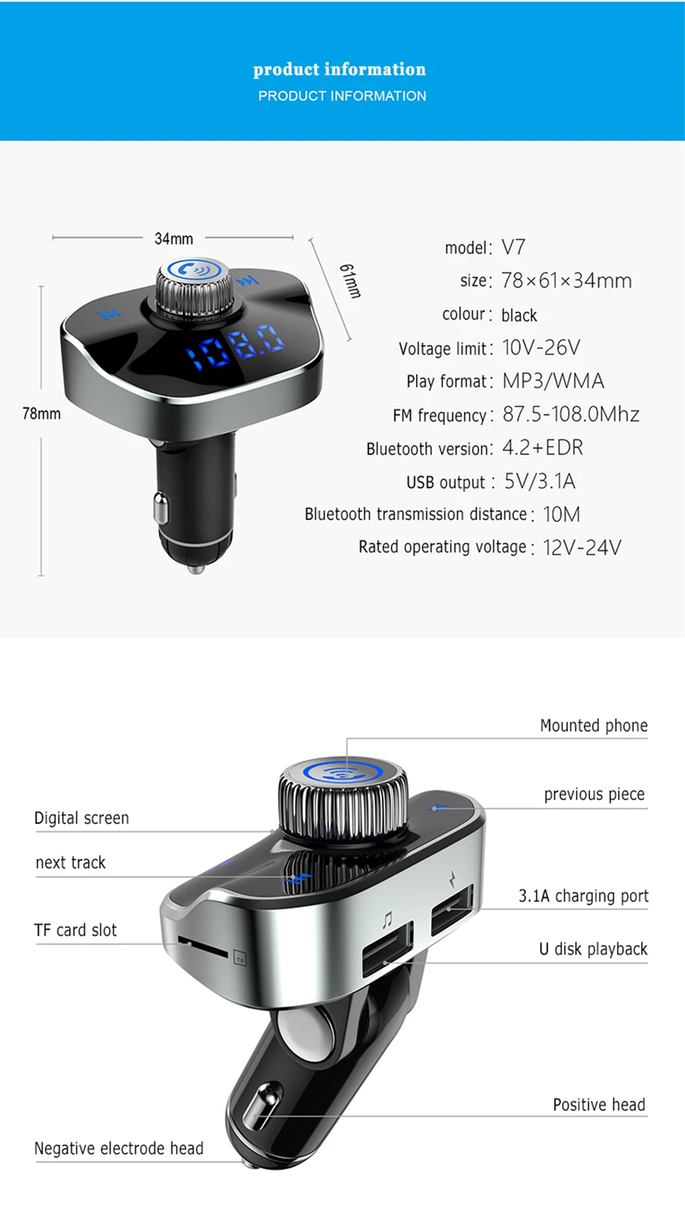 VJOYCAR Беспроводной Bluetooth Автомобильный fm-трансмиттер MP3 громкой связи Aux модулятор Dual USB Быстрый Зарядное устройство ЖК-дисплей Дисплей MP3 плеер