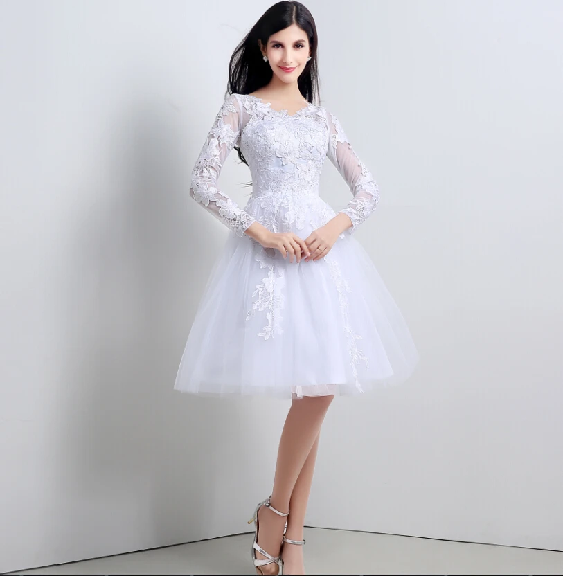 Casamento Vestido de Novia Corto de Encaje de Manga Larga Apliques Blanco Negro Marfil Vestido De