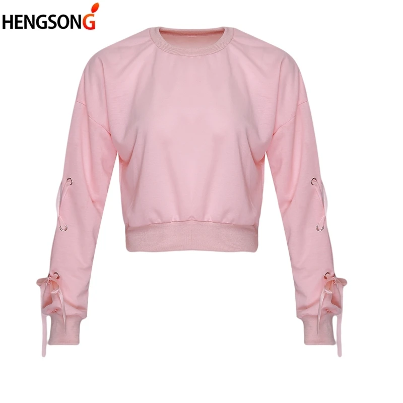 Autumn Women Pullovers Bandage Sleeve Crop Sweatshirt Pink