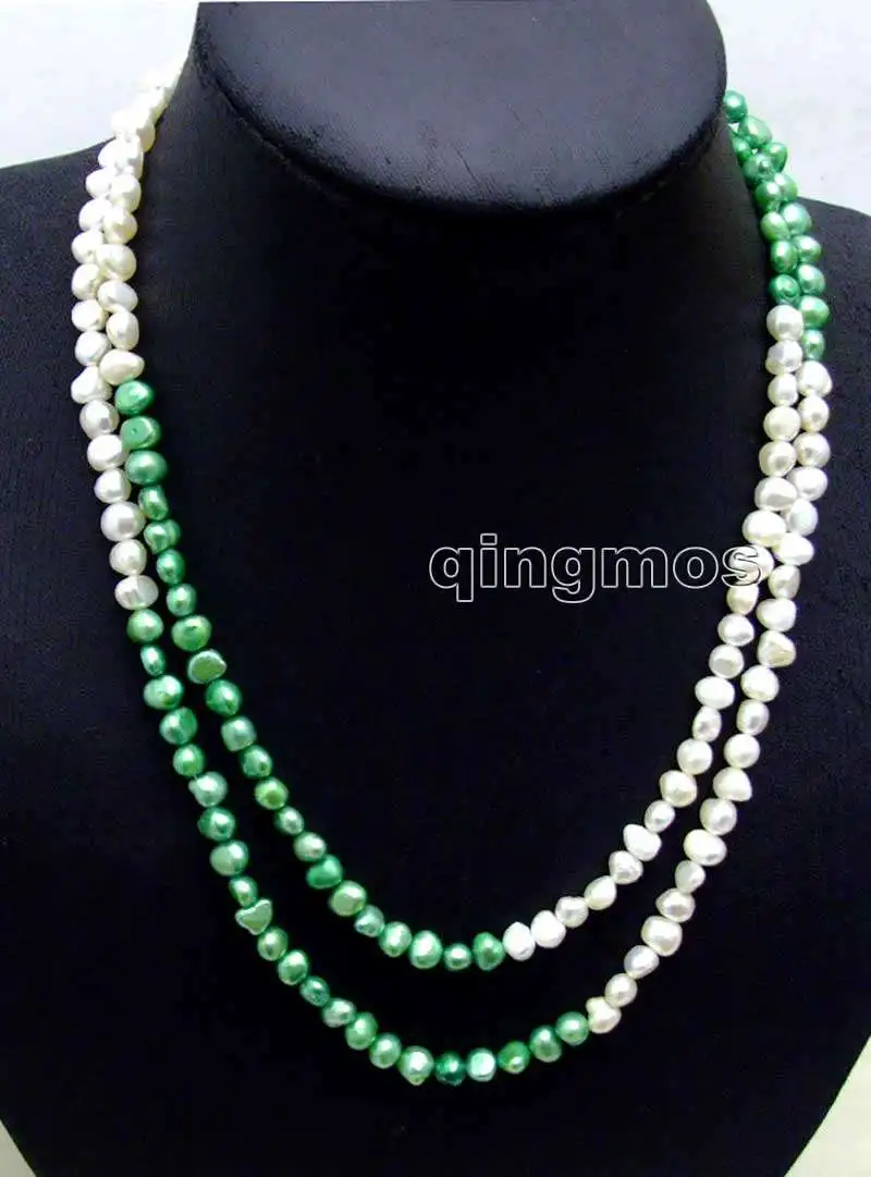 

Fashion Long 40" Natural White and Green 6-7mm Baroque freshwater pearl necklace-nec6110 wholesale/retail Free shipping