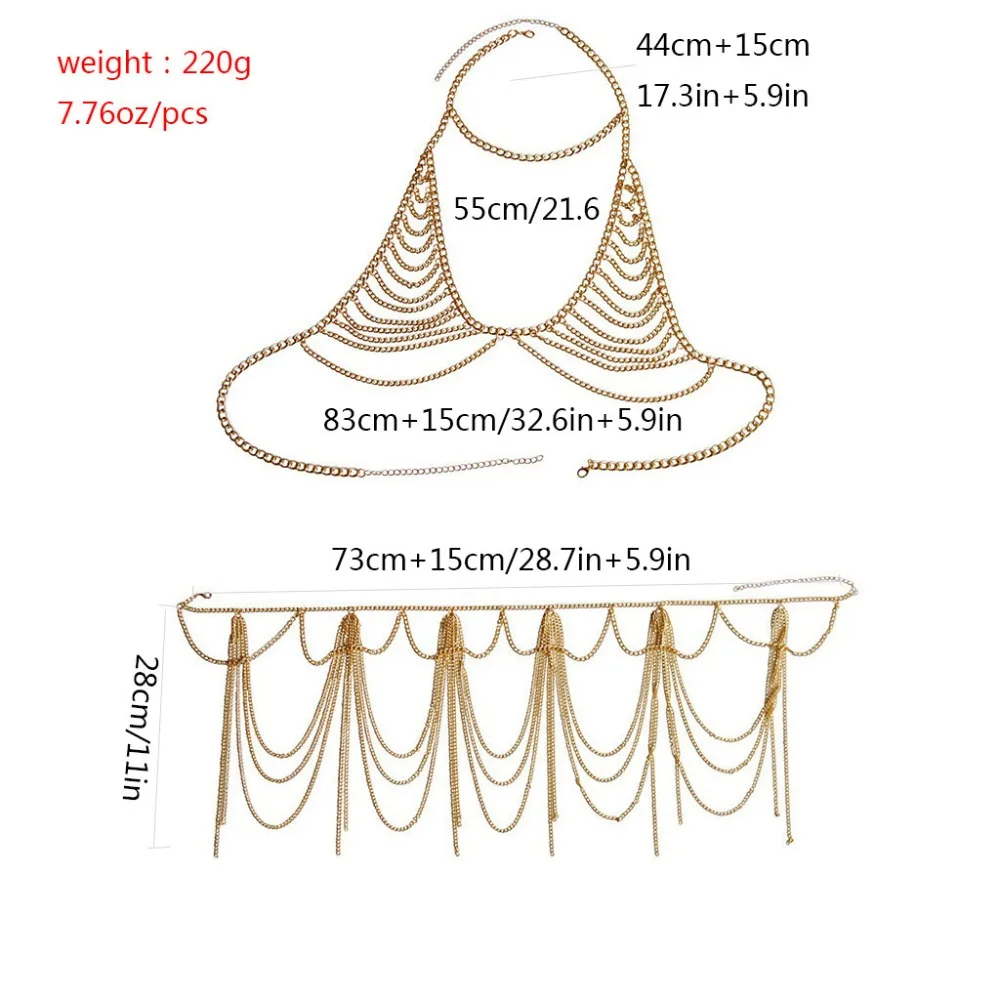 Бохо Мода золото серебро цепь тела многослойная кисточка цепочка бикини сексуальный пляж бикини бюстгальтер украшения для тела для женщин и девушек