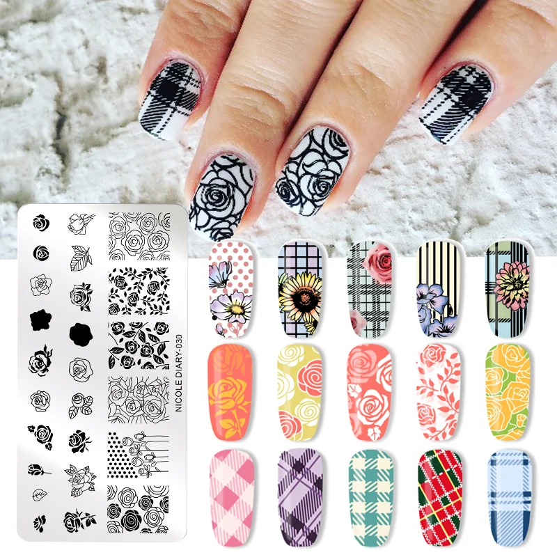 

NICOLE DIARY Valentine's Day Nail Stamp Plate Rectangle Nail Art Stamping Image Template DIY Nail Plate Geometric Print Stencil