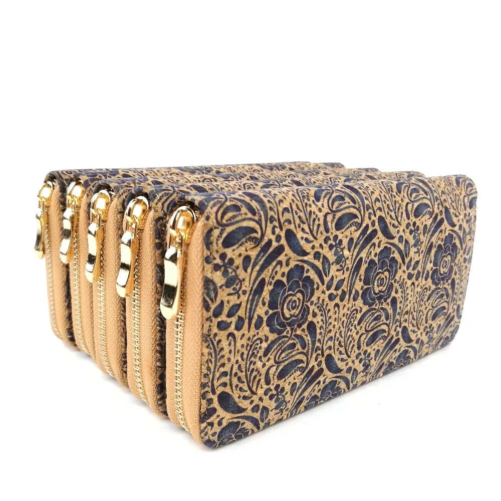 navy flower pattern women cork wallet vegan bag