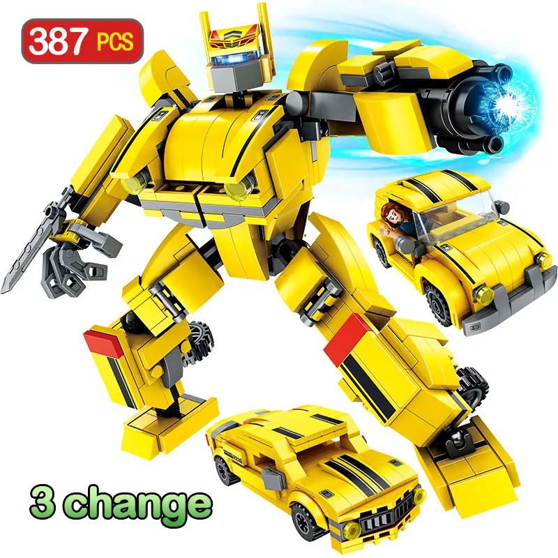 

387pcs LegoINGly Transformation Robot Yellow Car Bricks City Building Blocks Sets Starwars Creator Educational Toys For Boys