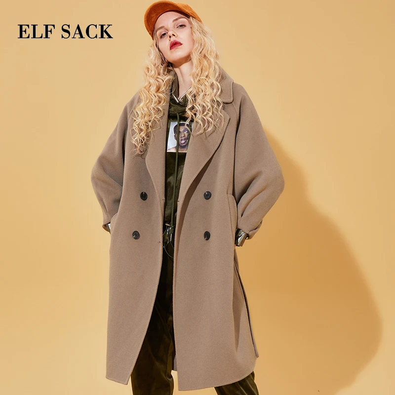 ELFSACK зима Европейский стиль Ins Новое Женское шерстяное пальто длинный отложной воротник Однотонный женский Повседневный двубортный жакет