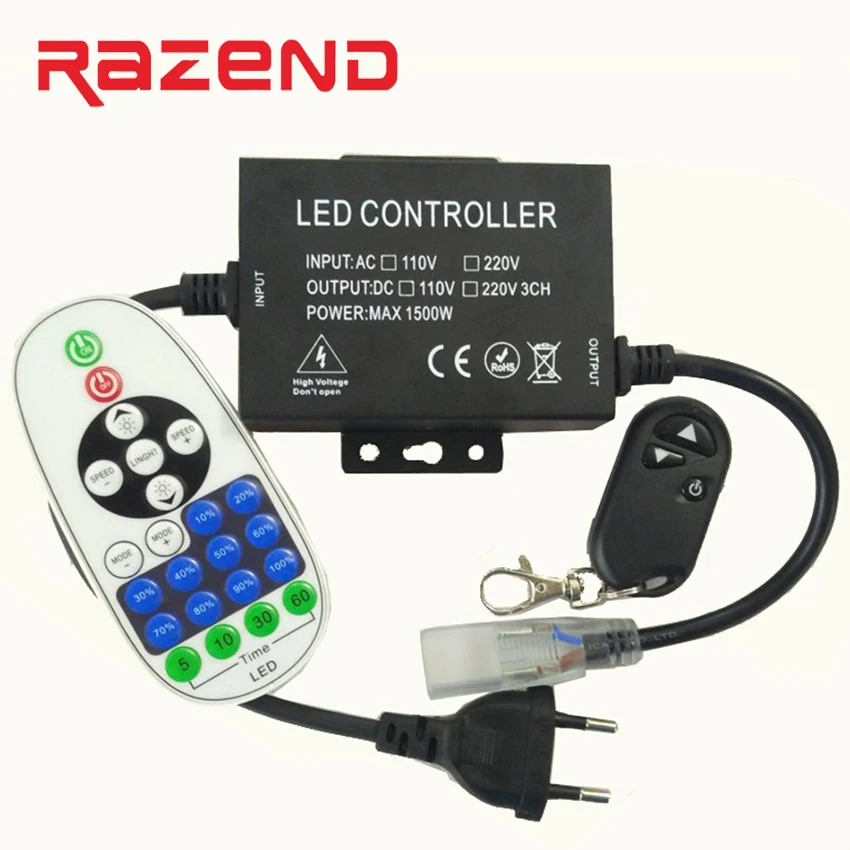 1500 Вт 110 В 220 В диммер контроллер с 3key/23key RF пульт дистанционного ЕС/США Разъем для 100 м одного цвета светодиодные полосы света