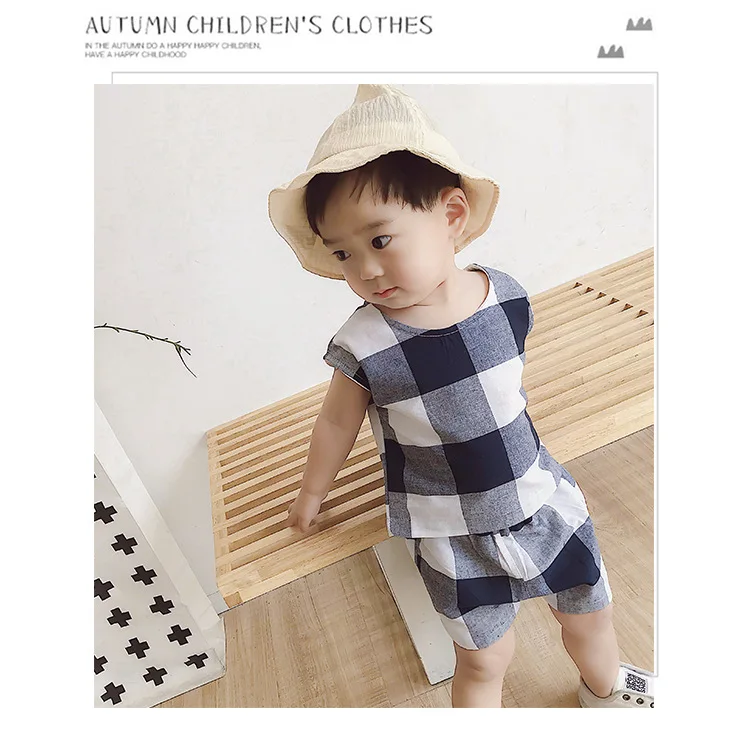 Fashion Baby Boys Clothes Set 2019 Summer Children Clothing 2Pcs Cotton Plaid Vest Tops Shorts Kids Outfits Sports Suit For Boys (2)