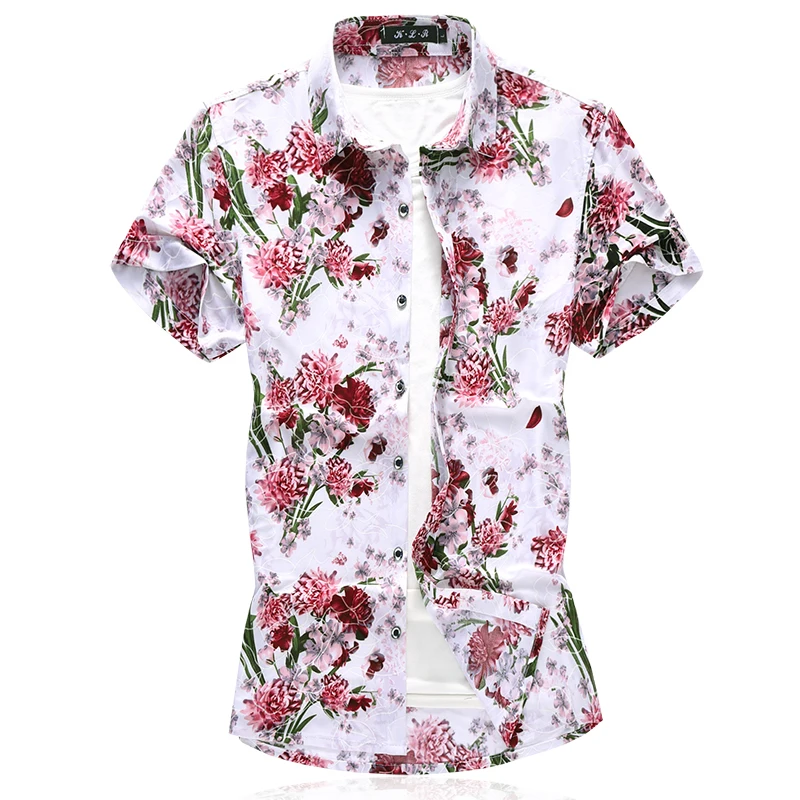 Летняя Модная рубашка с коротким рукавом и цветочным принтом для мужчин, Chemise Homme, плюс размер, мерсеризованный хлопок, рубашки для мужчин, повседневная одежда 6XL 7XL - Цвет: Красный