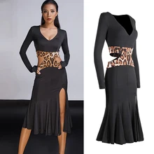 Новинка! Женское бальное платье для латинских танцев, сексуальное леопардовое платье с разрезом на подоле для бальных танцев, ча-сальса, танцевальное латинское платье DWY957