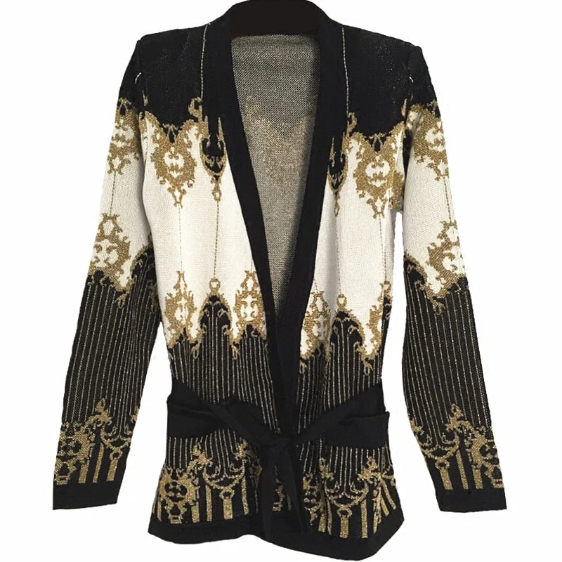 Высокое качество осень и зима ретро корт галстук талия длинный рукав куртка Женская Роскошная золотая линия вязаный кардиган свитер