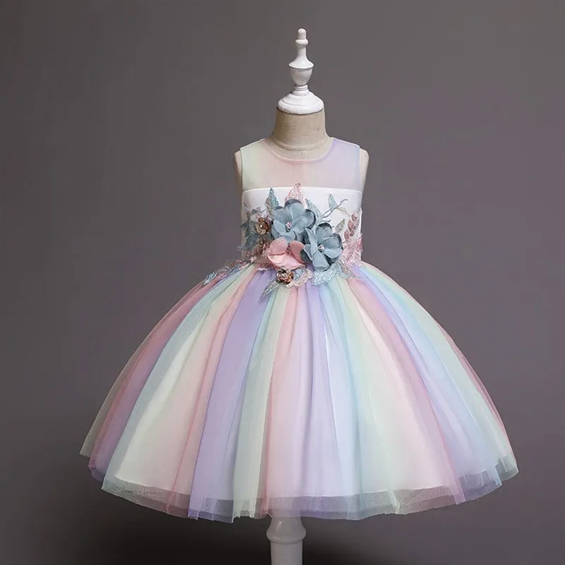 

Raisevern New Rainbow Girl Flowers Tutu Dress Fancy Wedding Bridesmaid Costume For Kids Princess Carnival Party Dress Vestido