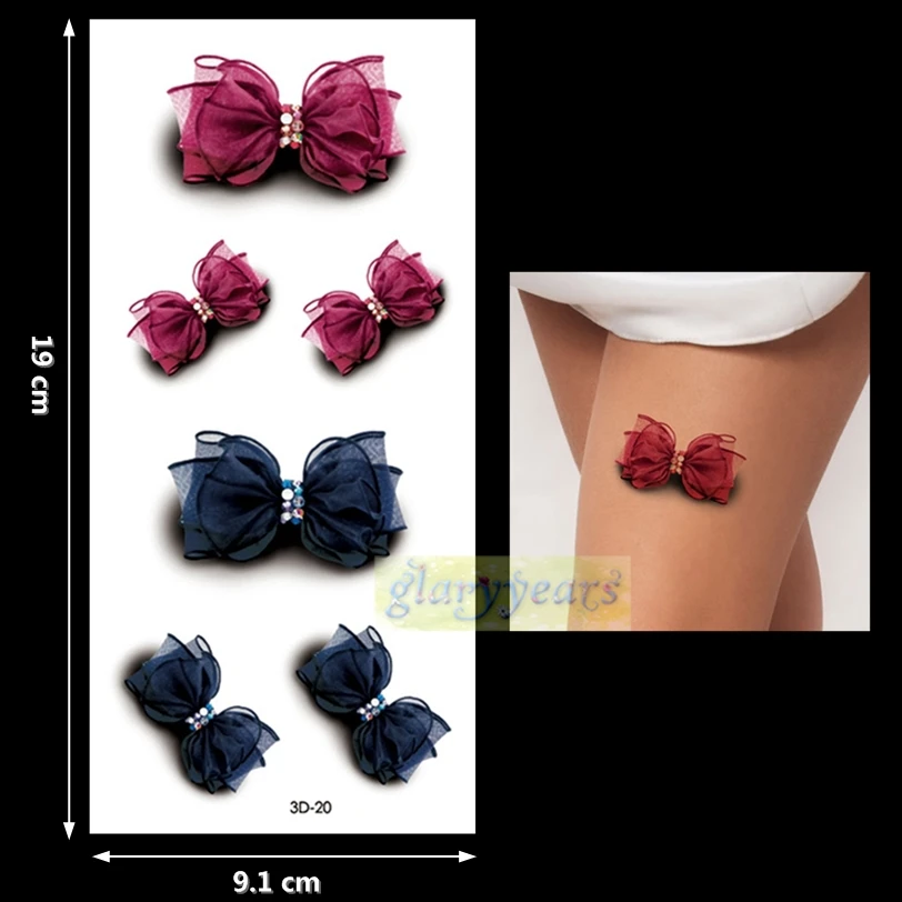 

New 1PC Fashion Women Men Waterproof Temporary Tattoo Removable Simulation Vivid Body Art 3D-20 Dark Red Blue Silk Bow Bowknot