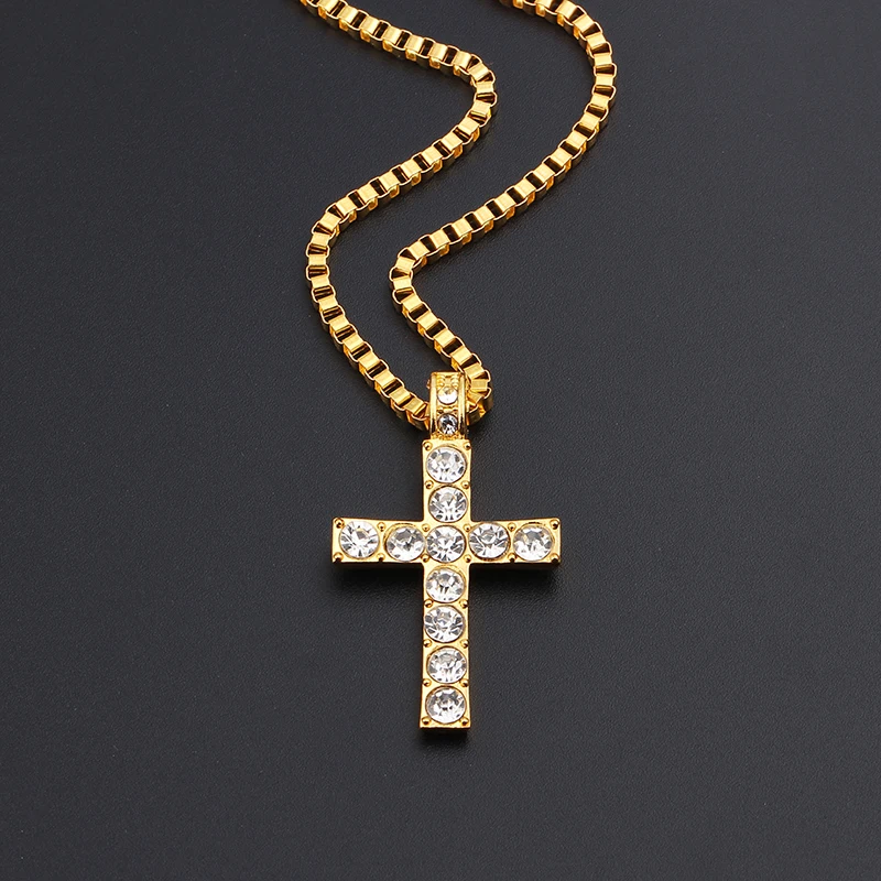 Hip Hop Alloy Gold Farbe Kreuz Anhänger Halskette Religiöse Iced Out kristall