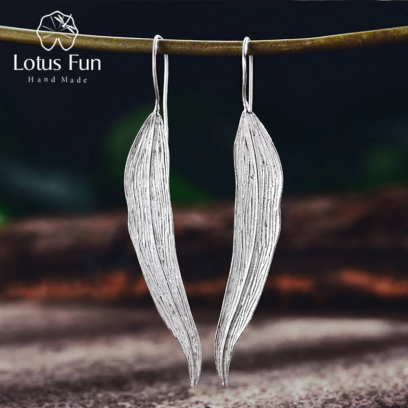 Lotus Fun реальные 925 Серебро Природный ручной Fine Jewelry длинные листья Мода висячие серьги для женщин brincos