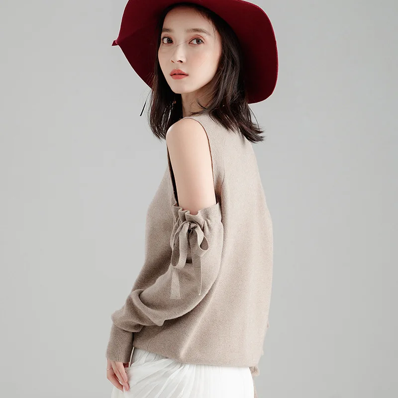2018 Autumn new stylish slim solid color sweater slim off shoulder bow temperament knitted sweater for women SJ1325