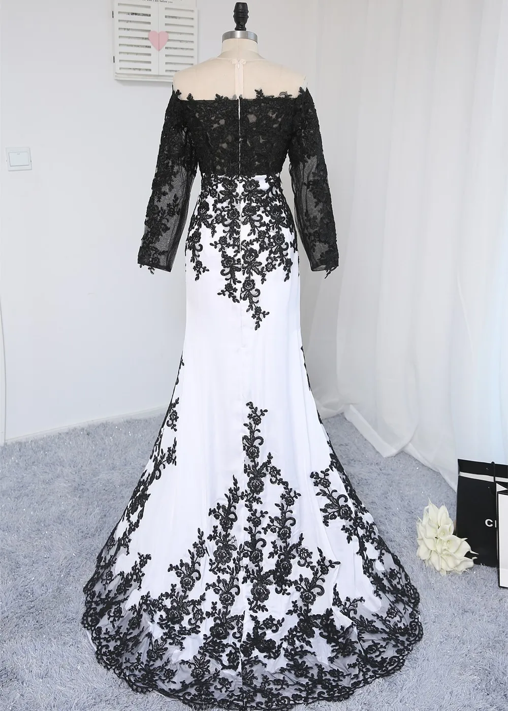Compridas Vestido de Noite Preto Whie Lace