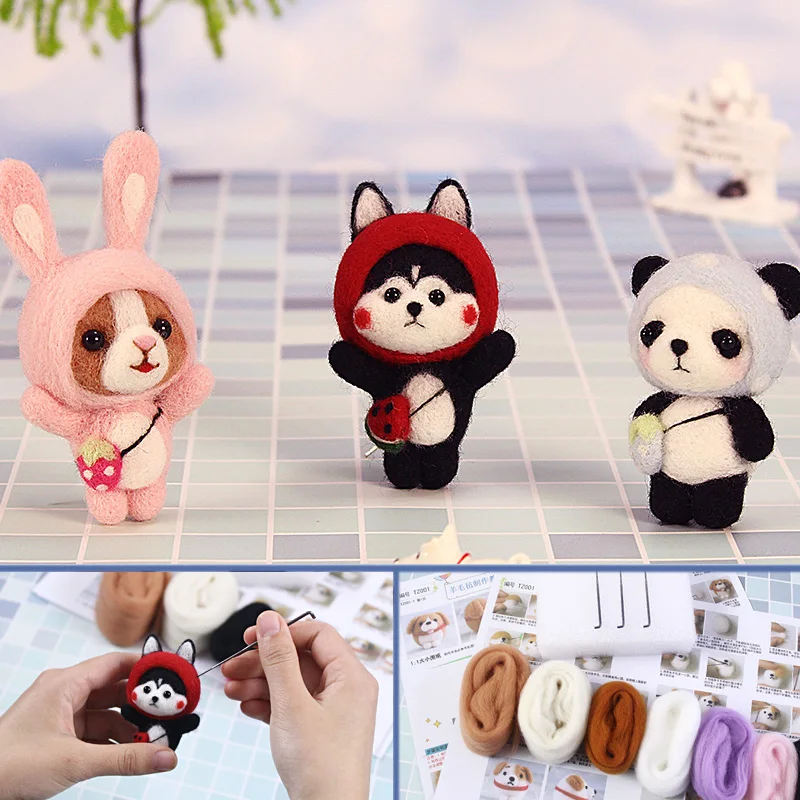 

2019 Facebook hot Cartoon Cute Rabbit Panda Huskie Dog Wool Felting Toy Doll Wool Felt Poked Kitting DIY Package Non-Finished