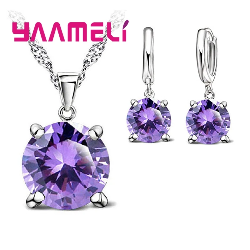 Большая скидка женские модные Ювелирные наборы 925 серлинг серебряное ожерелье со стразами кулон серьги - Окраска металла: Purple