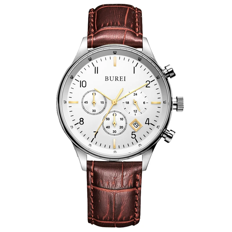 

BUREI 7006 Switzerland watches men luxury brand sport business Chronograph luminous pilot sapphire white golden Leather belt