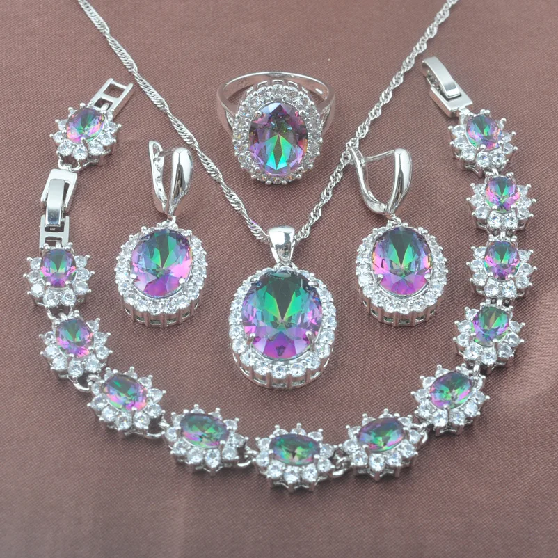 

Classic Multicolor Rainbow Zircon Women's 925 Sterling Silver Jewelry Set Bracelet Necklace Pendant Earrings Ring YZ0576