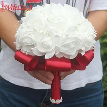 Barato pe rosa da dama de honra do casamento da espuma flores rosa nupcial buquê de fita falso casamento bouquet de noiva personalizado