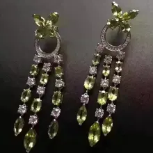 Серьги-капли из натурального оливина, 925 серебро, натуральный Перидот, драгоценный камень, серьги для женщин, модные роскошные висячие серьги с кисточками, вечерние серьги