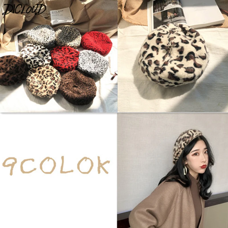 

DICLOUD Vintage Leopard Beret Women Winter Fashion Woolen Hats Woman Faux Rabbit Flat Cap Ladies Harajuku Designer Beret Female