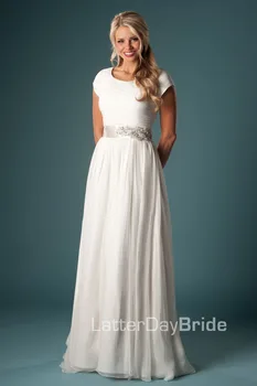 

New Simple Modest Ivory A-line Long Cap Sleeves Beading Beach Chiffon Wedding Dress