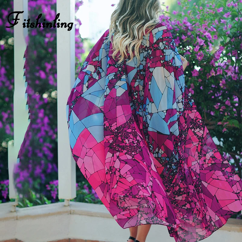 

Fitshinling Big size chiffon beach cover up batwing sleeve long cardigan kimono geometric boho sheer sexy summer long shirt hot