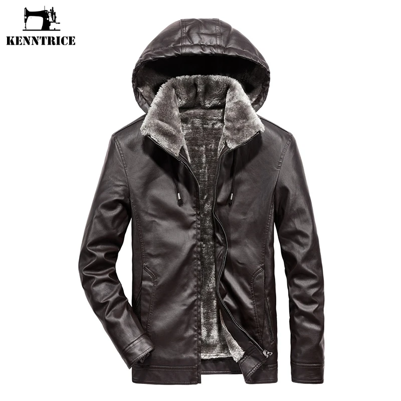 

KENNTRICE Men Faux Leather Jackets Winter Thicken Warm Fur Liner Coat Size 4xl Hooded Stand Collar Men's Winter Jacket
