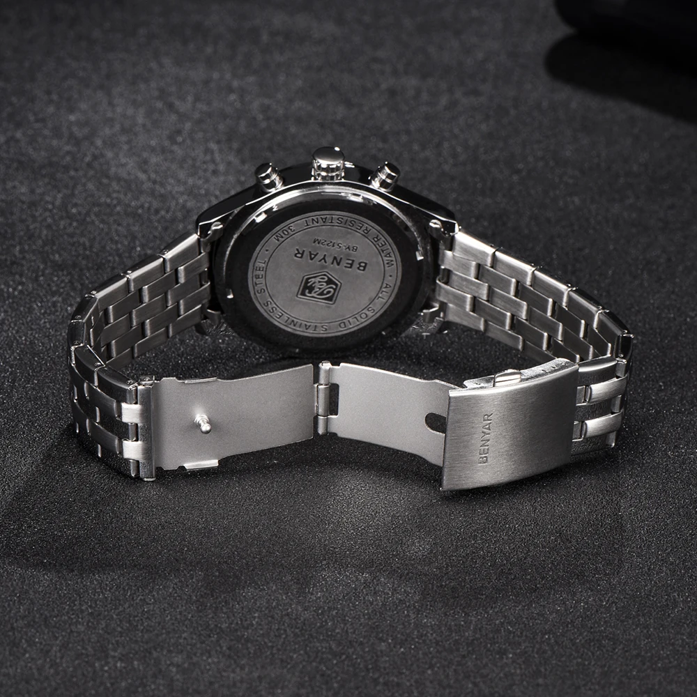 Новые Benyar мужские часы moon phase кварцевые роскошные полностью из нержавеющей стали