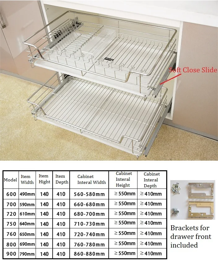 

60 70 72CM Stainless Steel 2 Tiers Kitchen Cabinet Drawer Wire Basket Pull Out Kitchenware Storage Soft Close Slide