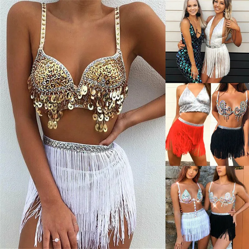 

HIRIGIN Women Sexy Sequin Tassel Fringe Skirts Lady Club Night Crystal Festival Bikini Metal Body Chain Suit