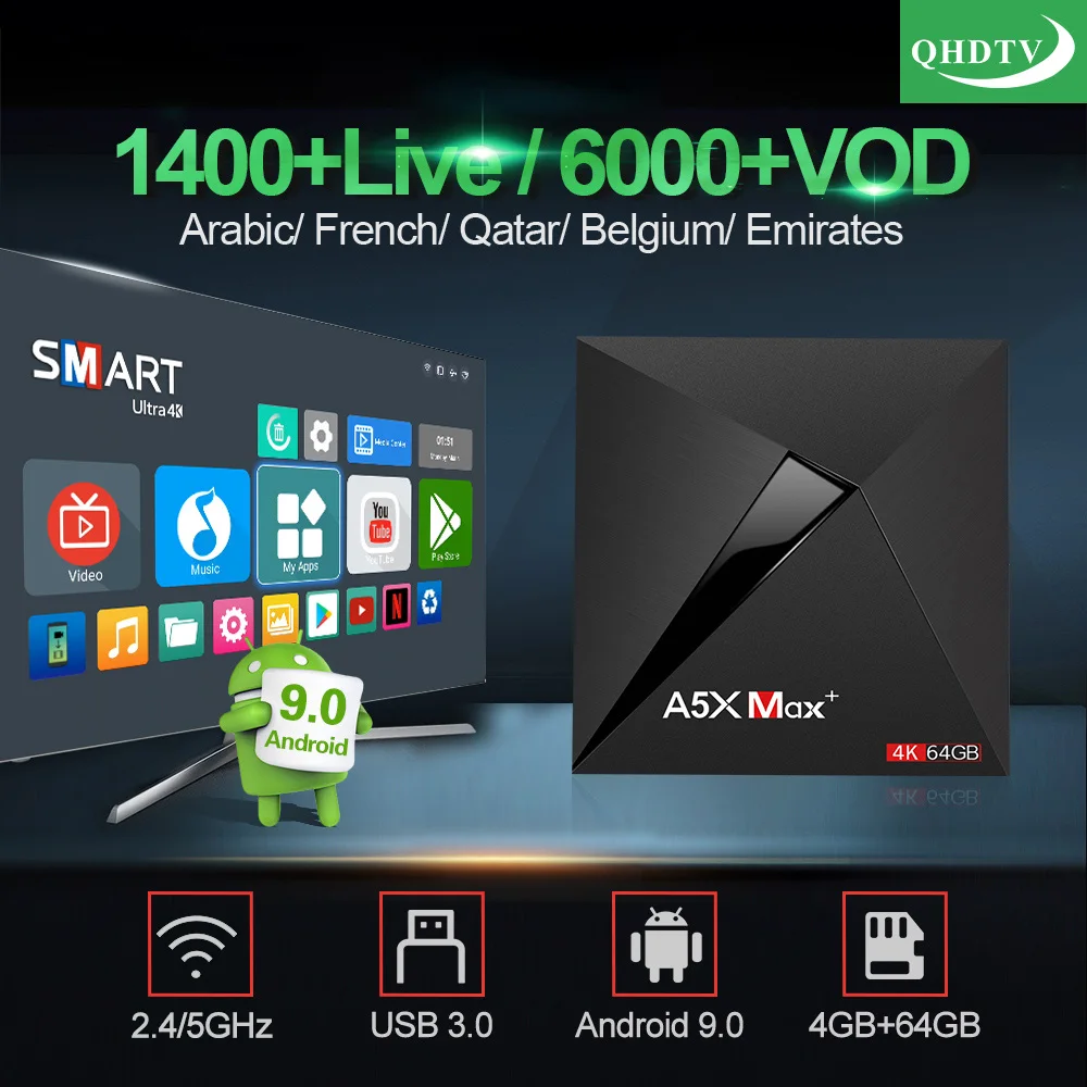 

IPTV France Arabic A5X MAX With QHDTV 1 Year IPTV Code French Belgium Morocco Netherlands IP TV 4K 4GB 64GB BT4.1 Android9.0 Box