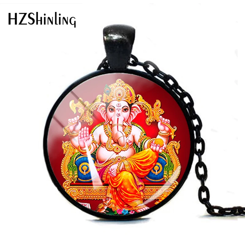 HZSHINLING Lord Ganesh Ganesha индуистский слон ожерелье индуистский Ганеш ювелирные изделия изображение ожерелье со стеклянной подвеской ожерелье