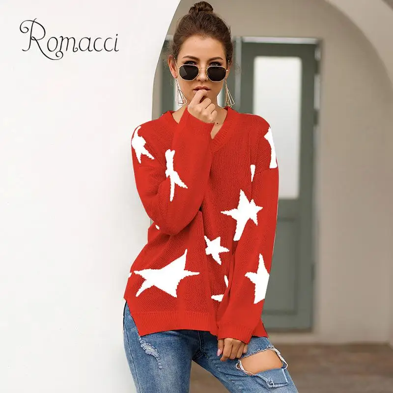 Women Sweater Contrast Five-Pointed Star V Neckline Dropped Shoulder Long Sleeve Loose Pullover Cozy Sweater Woman Winter 2019