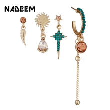 Brincos, можно носить с 4 шт./компл. Для женщин зелеными кристаллами ручной работы; комплект в стиле бохо, серьги-гвоздики наборы для Для женщин золотое солнце, лист с изображением из «Звездных, мягкие на ощупь, Boucle D'oreille серьги ювелирных изделий