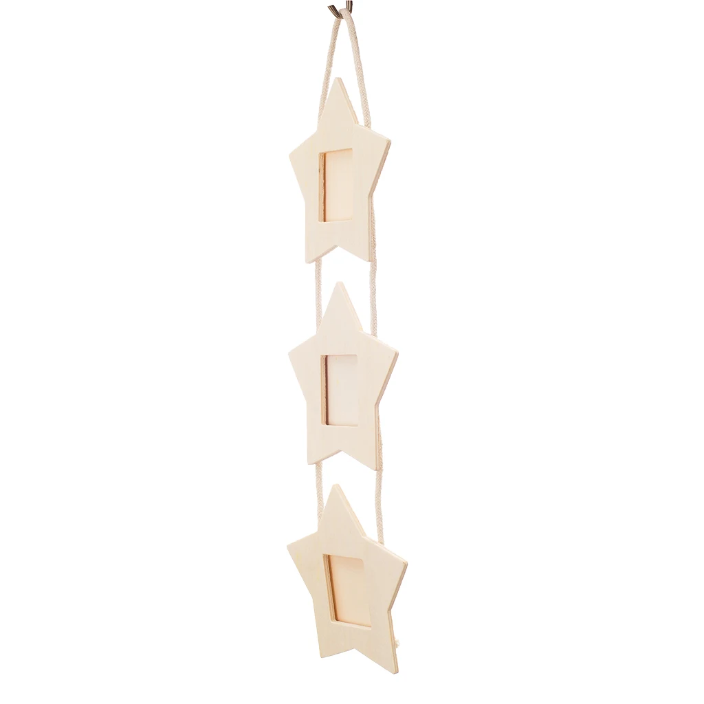 Wood RUSTIC Hanging Triple Wooden Photo Frame Star Shape Kids Craft